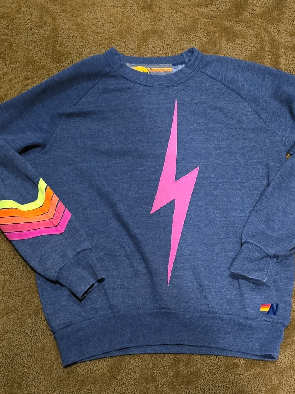 Aviator Nation Blue Crewneck with Pink Lightning & Rainbow Sleeve Stripes